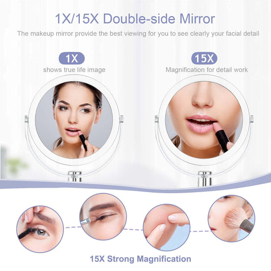 CLSEVXY Vanity Makeup Mirror with Stand, 1X/15X Magnification Double Sided 360 Degree Swivel, Portable Table Desk Counter top Magnifying Mirror, Tabletop Mirror for Bedroom or Dorm Room, 6.25 Inch