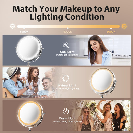 tubbede Makeup Mirror, 1X/30X Double Sided Magnifying Mirror with 3 Colors, 3200 mAh Rechargeable Vanity Mirror with 360° Rotation, Brightness Adjustable Light up Mirror, Women Gift (Gray)