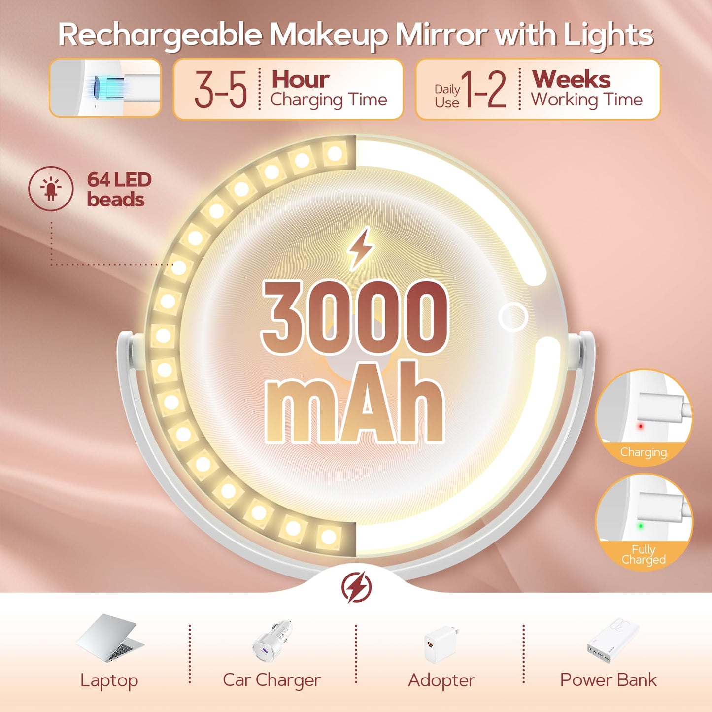 B Beauty Planet Vanity Mirror with Lights, 30X Magnifying Makeup Mirror with 3 Lighting and Adjustable Brightness, Rechargeable 2-Sided Height Adjustable Desk Mirror for Bathroom, Women Gifts for Mom