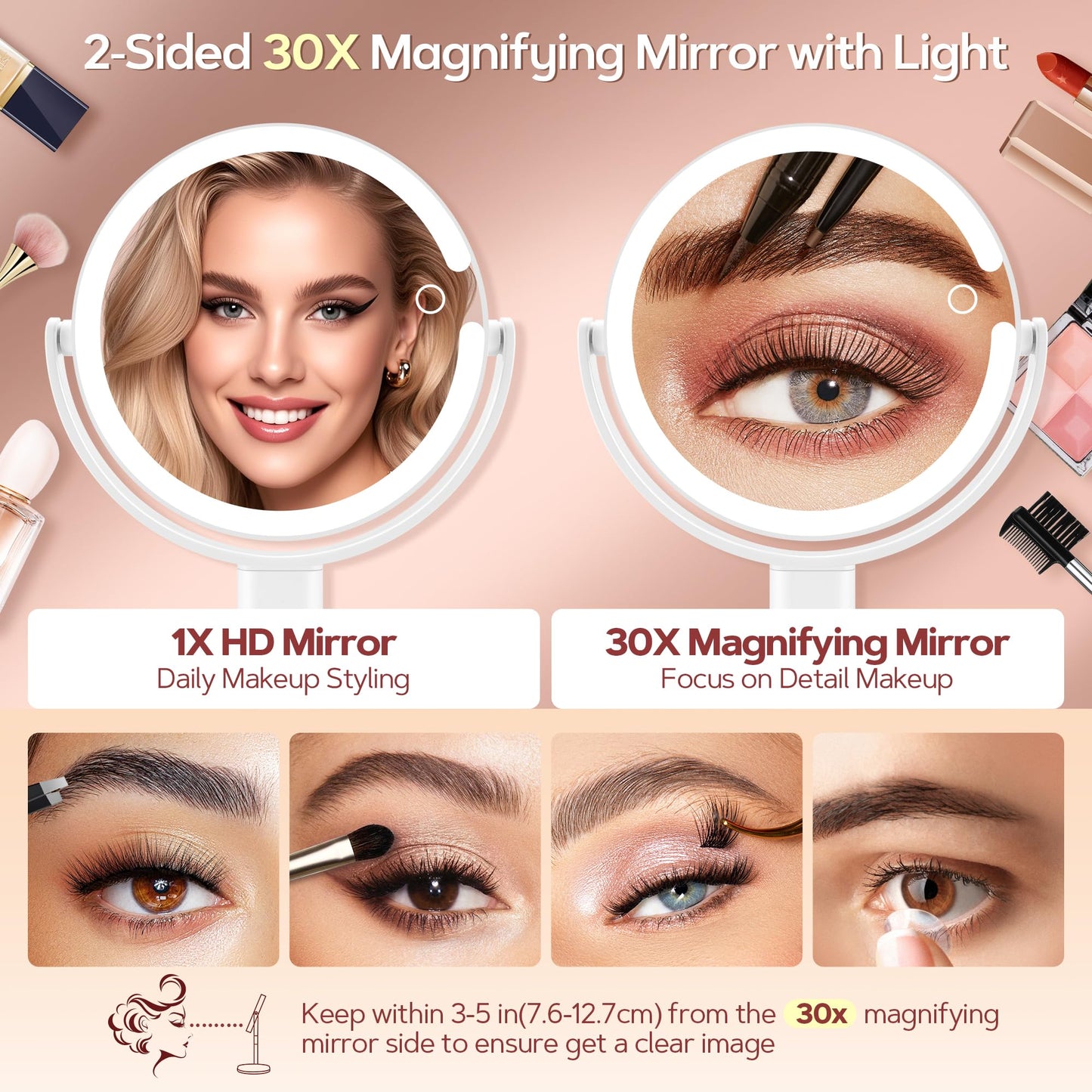 B Beauty Planet Vanity Mirror with Lights, 30X Magnifying Makeup Mirror with 3 Lighting and Adjustable Brightness, Rechargeable 2-Sided Height Adjustable Desk Mirror for Bathroom, Women Gifts for Mom