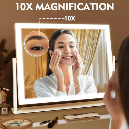 ROLOVE Lighted Makeup Mirror 16.3"x12.6", Hollywood Vanity Mirror with 10X Magnifier, 3 Color LED Lighting Modes, Smart Touch Control & 360° Rotation, Tabletop Makeup Mirror (White, Gift Ready)
