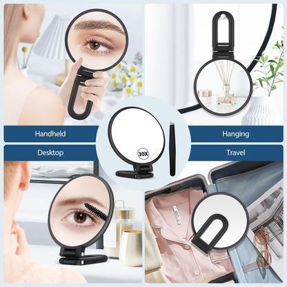 B Beauty Planet 30X Magnifying Mirror, Hand Mirror with Handle, Double Sided Hand Mirror with 30X/1X Magnification, Travel Essential Portable Foldable Makeup Mirror for Precision Makeup Black
